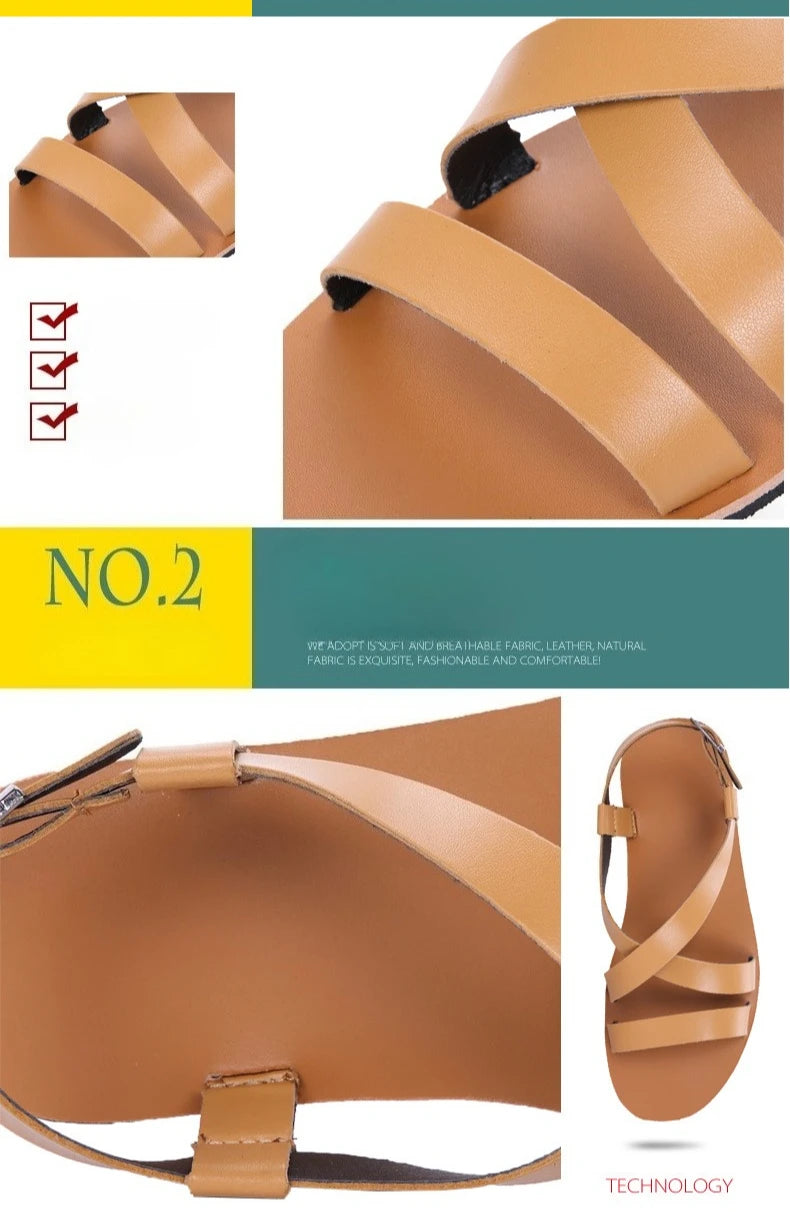 Mens Summer Breathable Leather Sandals Comfortable Roman Slippers for Outdoor Walking Casual Wear Non Slip