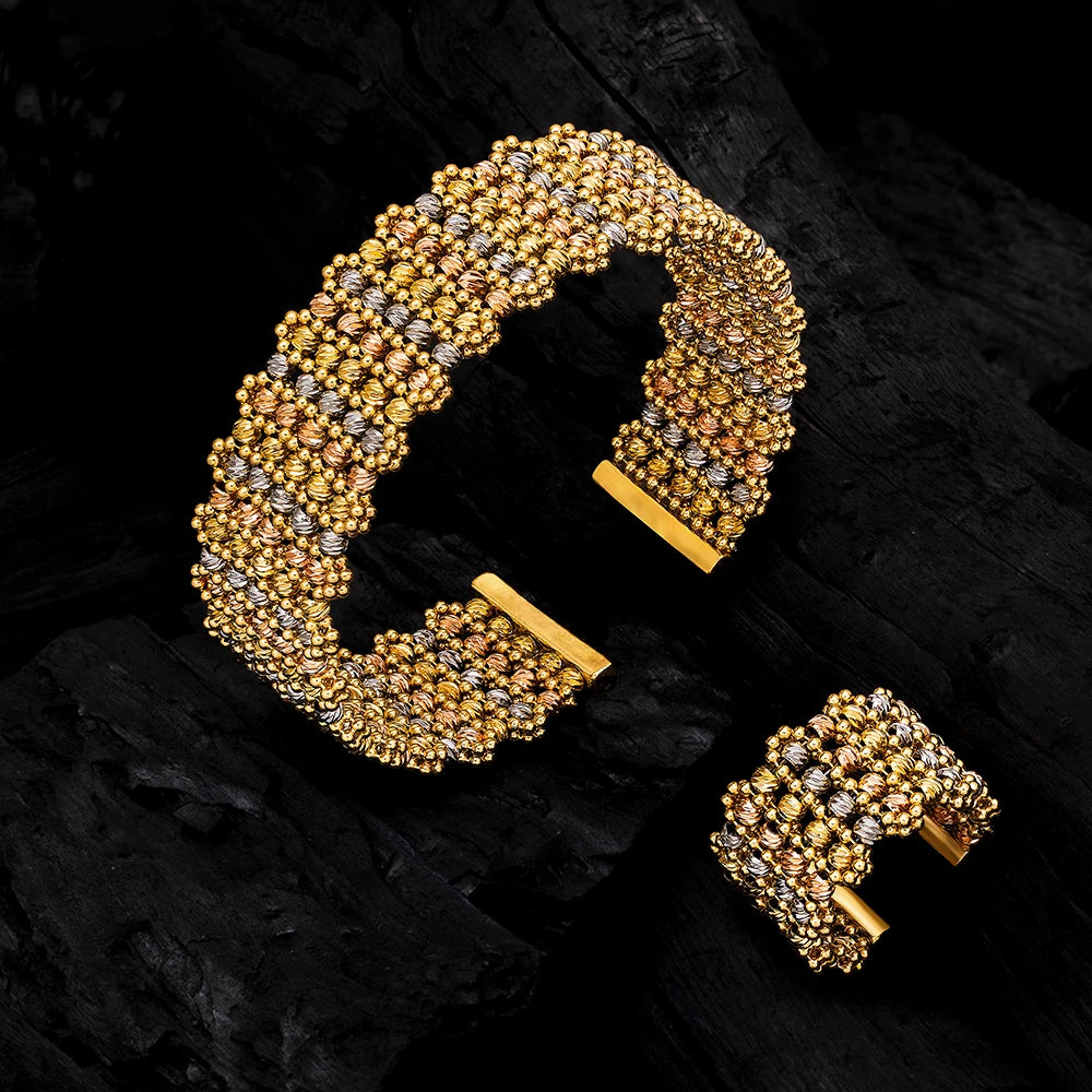 Luxury Cuff Bangles and Ring Set Gold Color Beads Arabic Dubai Wedding Bridal Jewelry Set Women Party 2 pcs Hand Jewelry