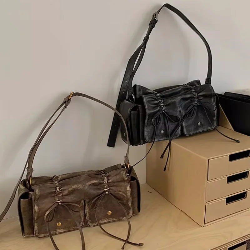Luxury Designer Handbags And Purses Moto & Bike Drawstring Bow Bags For Women 2024 New In Vintage Pleated Shoulder Crossbody