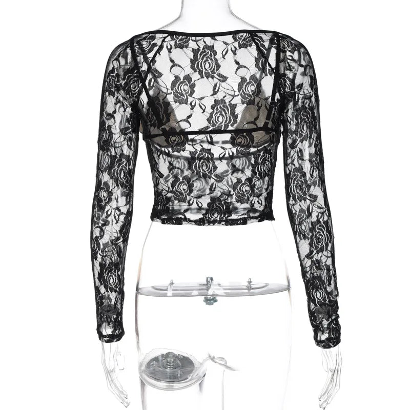 HLJ Y2K Sexy Lace Two Piece Set for Woman Letter Printing See Through Long Sleeve Crop Top + Shorts Suits Female Streetwear New