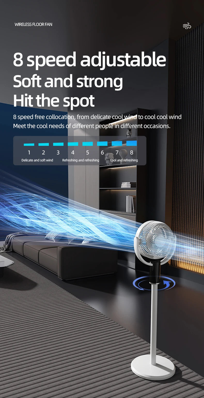 Floor Standing Fan Remote Control 6000mAh USB Rechargeable Height Adjustable Air Circulator for Camping Home Office Sturdy Base