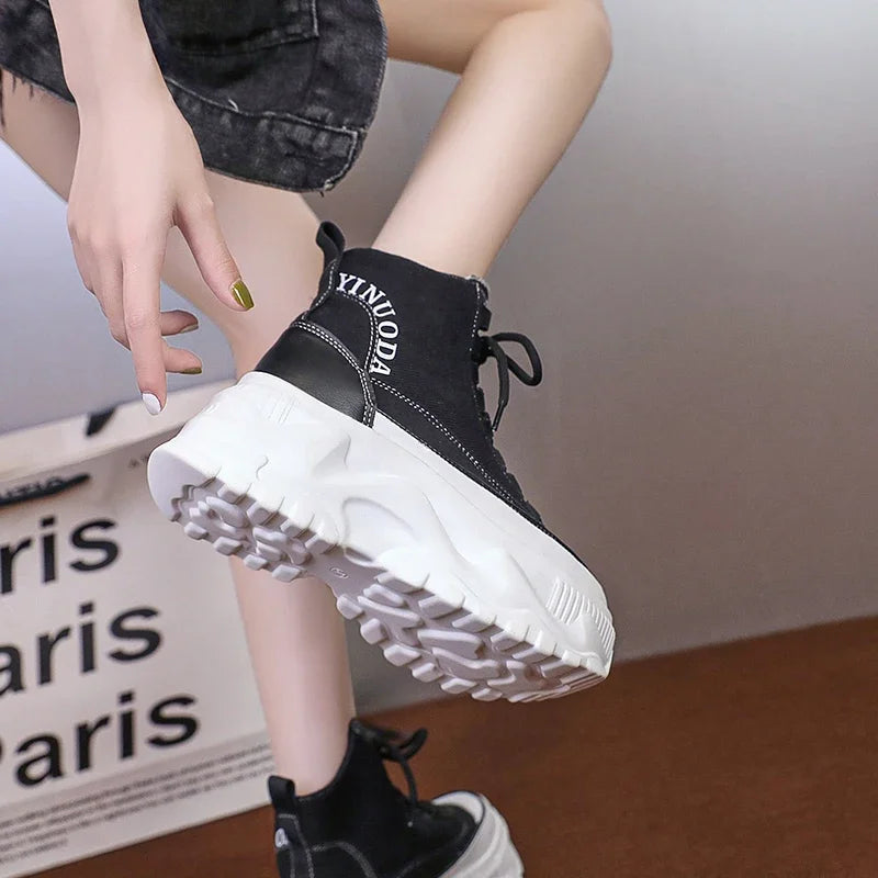 Women Sneakers High Top Platform Breathable Leather Shoes 2023 Autumn Ladies Wedges Casual Shoes For Woman Sports Dad Shoes 8CM