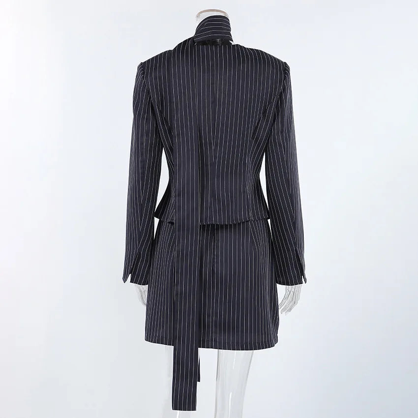 Women's Matching Sets 2026 Woman Navy Blue Striped V-neck Waist Small Suit Top Short A-shaped Skirt Women's Two-piece Set