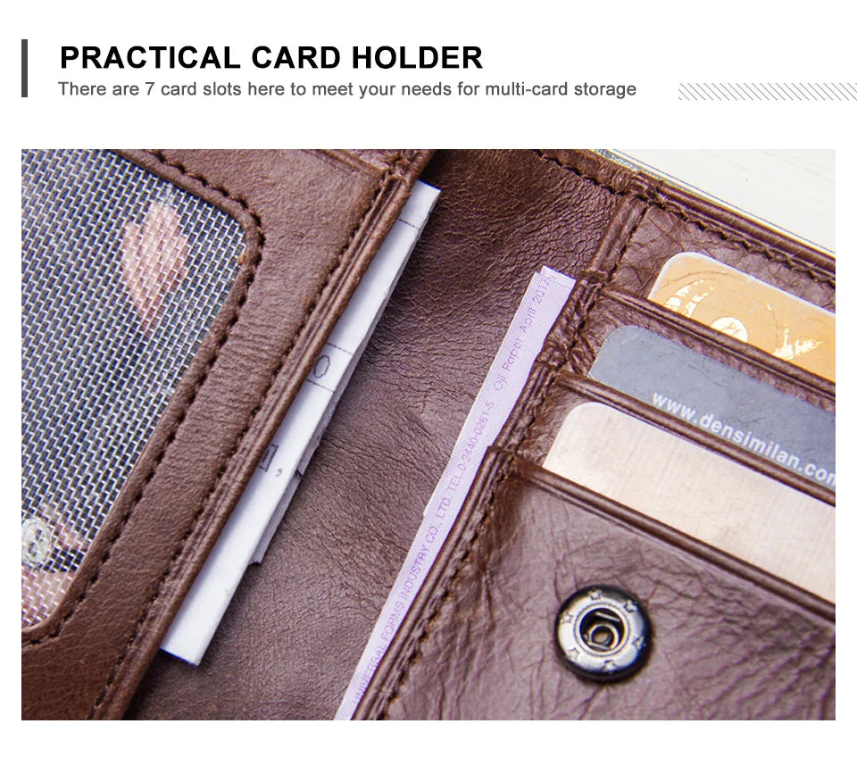 CONTACT'S Genuine Leather Men Wallet Vintage Trifold Hasp Wallet Zipper Coin Purse Card Holder Money Clip Men's Wallets