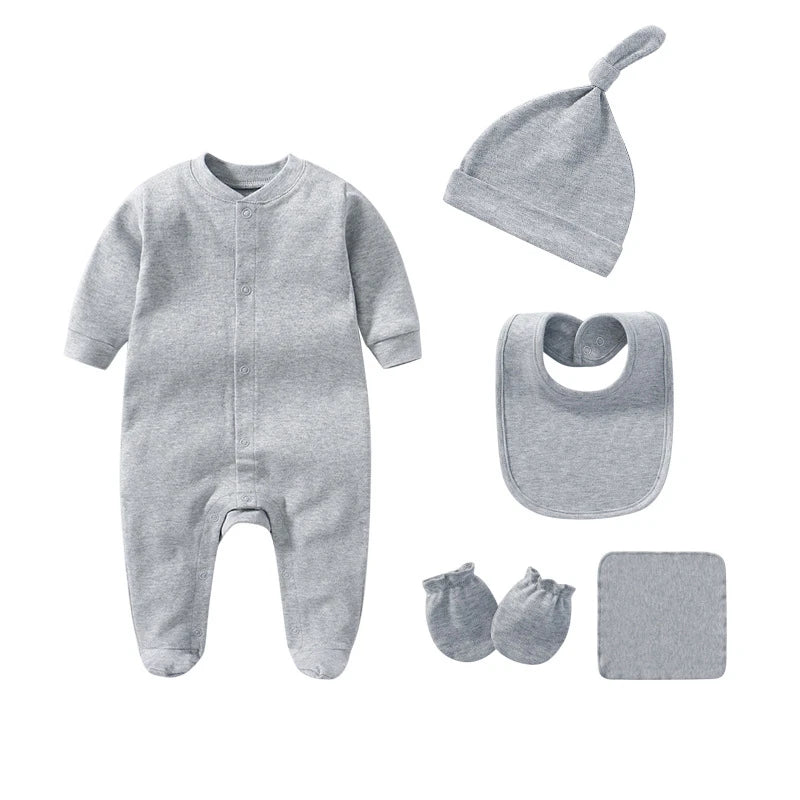 Unisex 5Pcs Newborn Baby Long Sleeve Cute Cotton Romper Jumper + Hats + Mittens+ Bib+Towel Infant Clothes Set