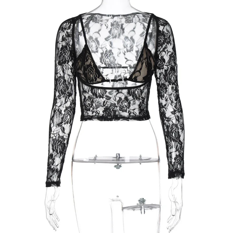 HLJ Y2K Sexy Lace Two Piece Set for Woman Letter Printing See Through Long Sleeve Crop Top + Shorts Suits Female Streetwear New