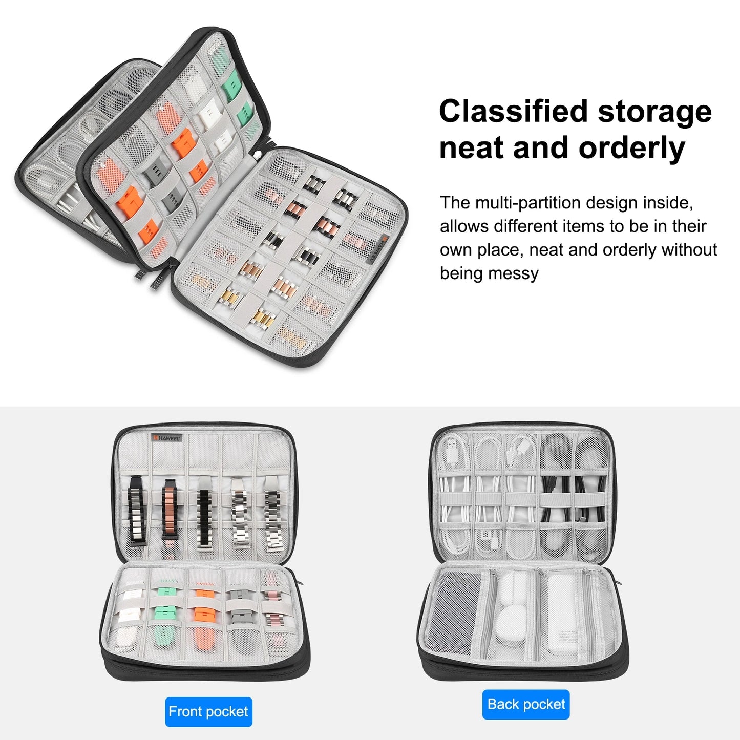 HAWEEL Watch Band Organizer Bag Box Earphones / U Disk / Digital Cable SD Card Phone Adatper Storage Case  25.5 x 20.5 x 4.5cm