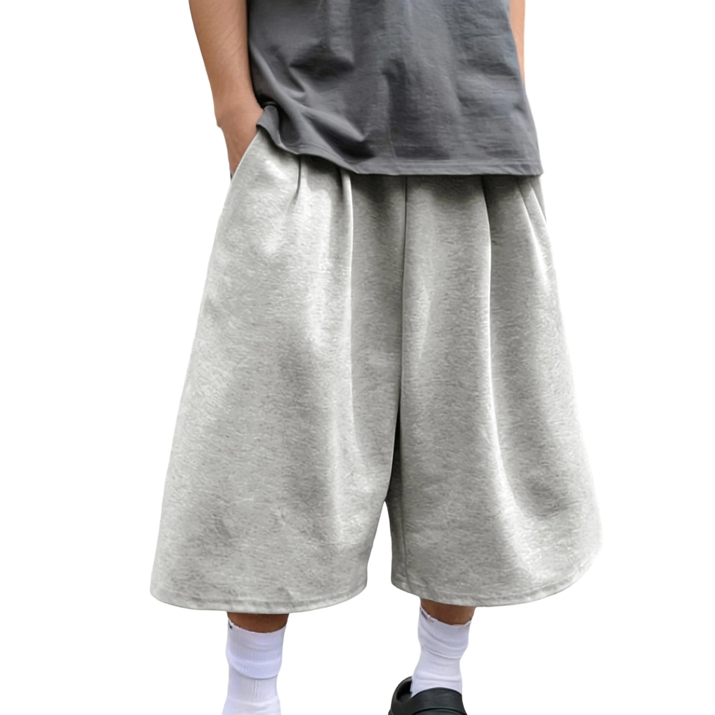 Men's Wide Leg Capri Pants Solid Color Casual 3/4 Length Drawstring Waist Sweatpants with Pockets for Sports, Gym
