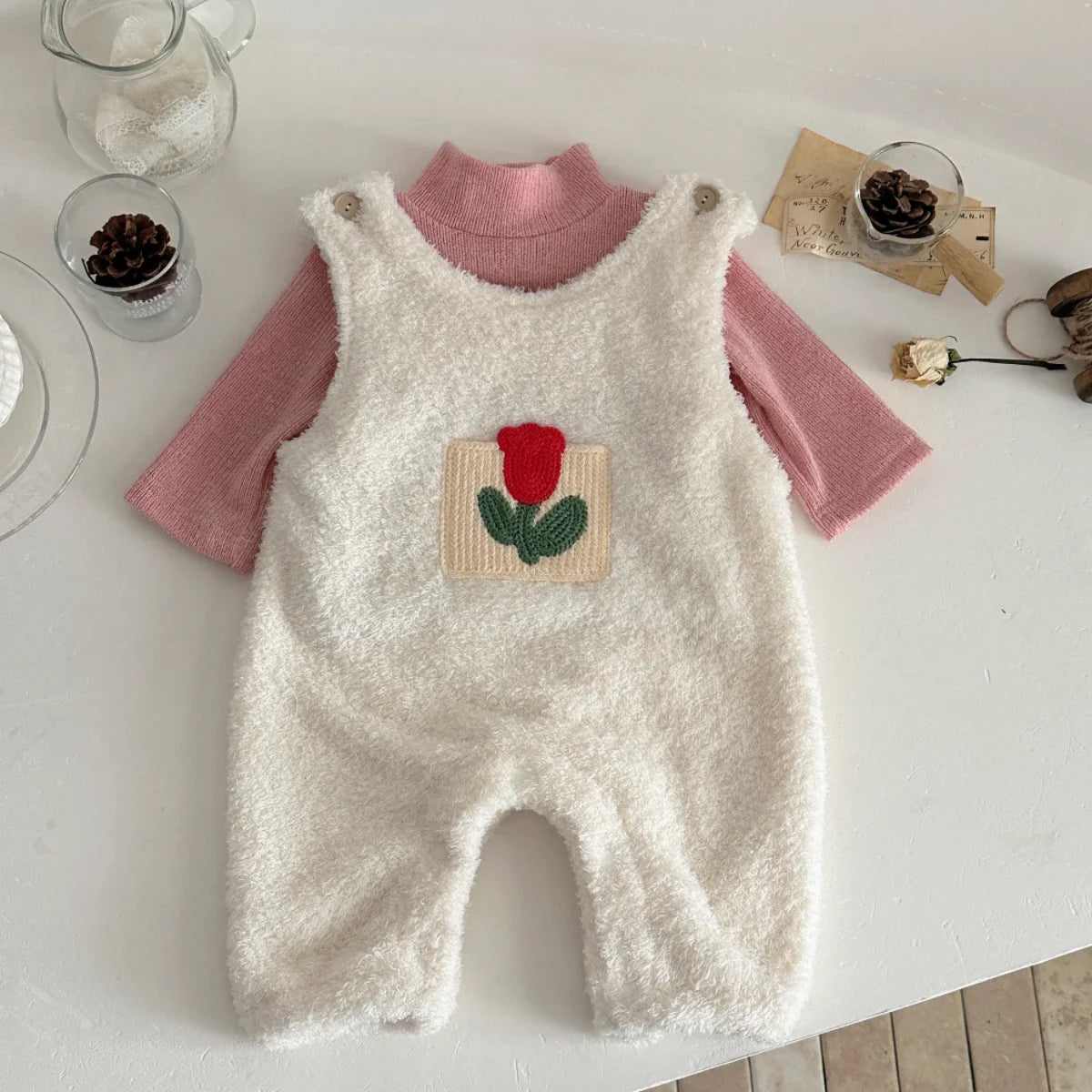 2Pcs Winter Autumn Toddler Baby Girls Clothes Flower Embroidered Plush Rompers+Pink Bottom Shirt Set Infant Warm Clothing Suits