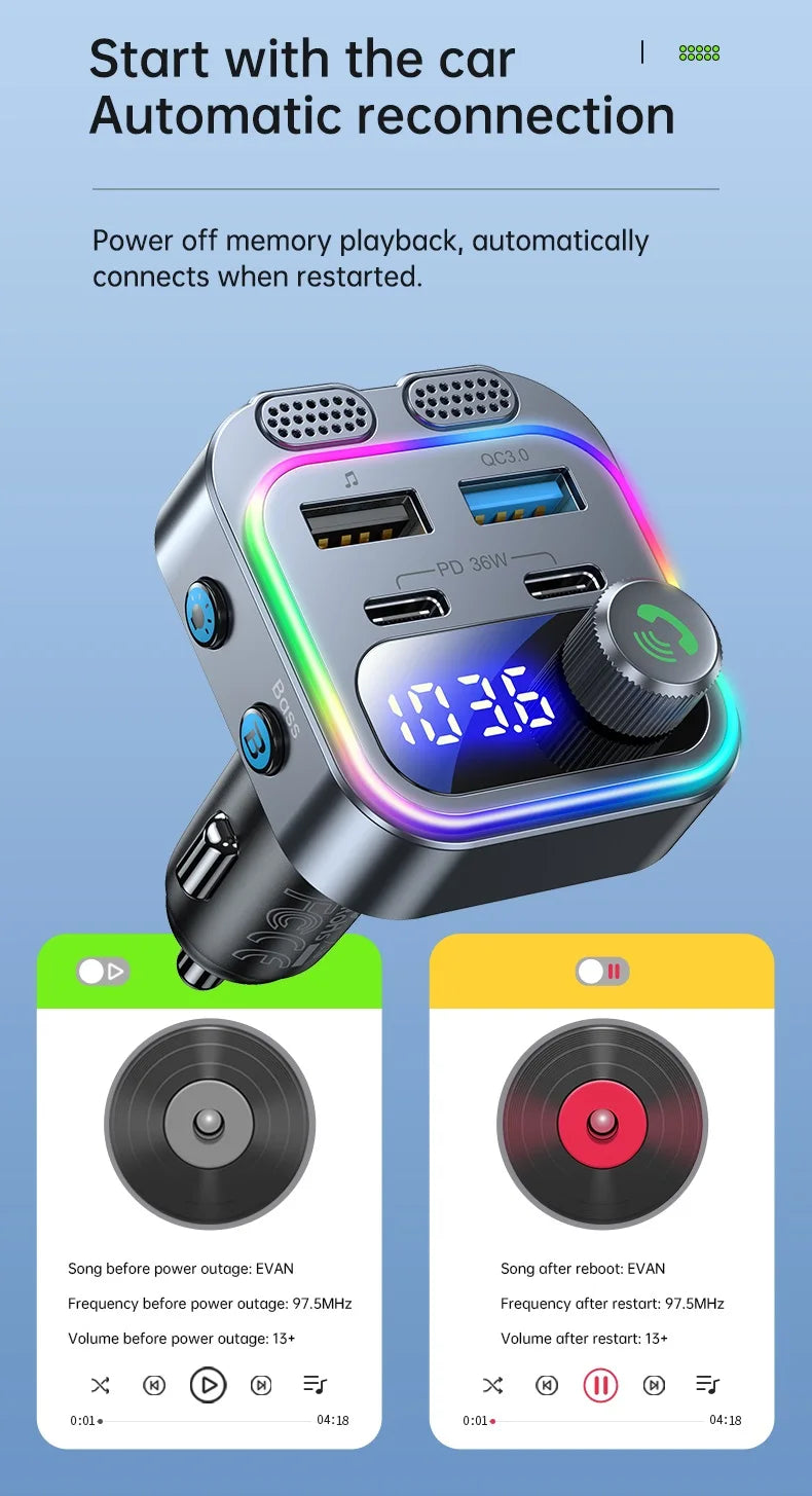 66W Fast Car Charger Bluetooth 5.4 FM Transmitter Wireless Radio Handsfree Calling Dual Mics & Deep Bass Car Charger Dual PD