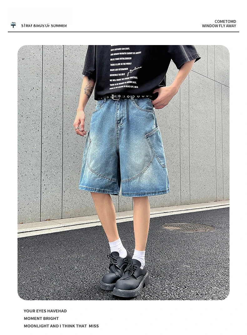2026 Summer New Baggy Denim Shorts Fashion Casual Straight Harajuku Jeans Male Vintage Wash Drawstring Short Pants Streetwear