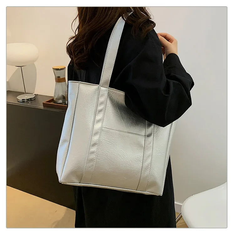 Simple Large Capacity Tote Bags for Women Retro Pu Leather Ladies Shoulder Bag Commuter Portable Girls Student Underarm Handbag