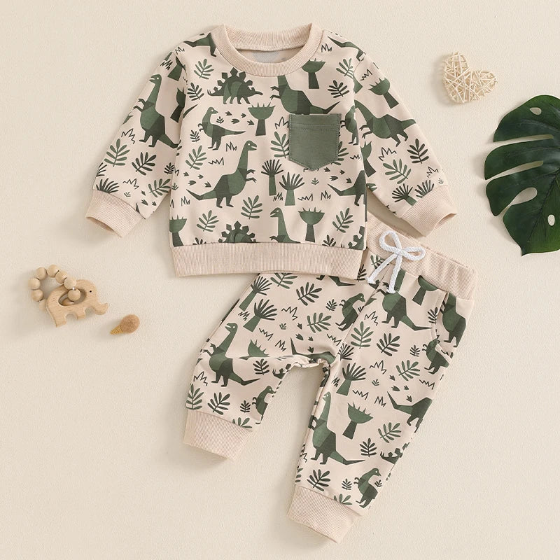 Toddler Boys Clothes Dinosaur Print 6 12 18 24 Months 3T 4T Outfits Long Sleeve Pullover Jogger Pant 2PC Sets