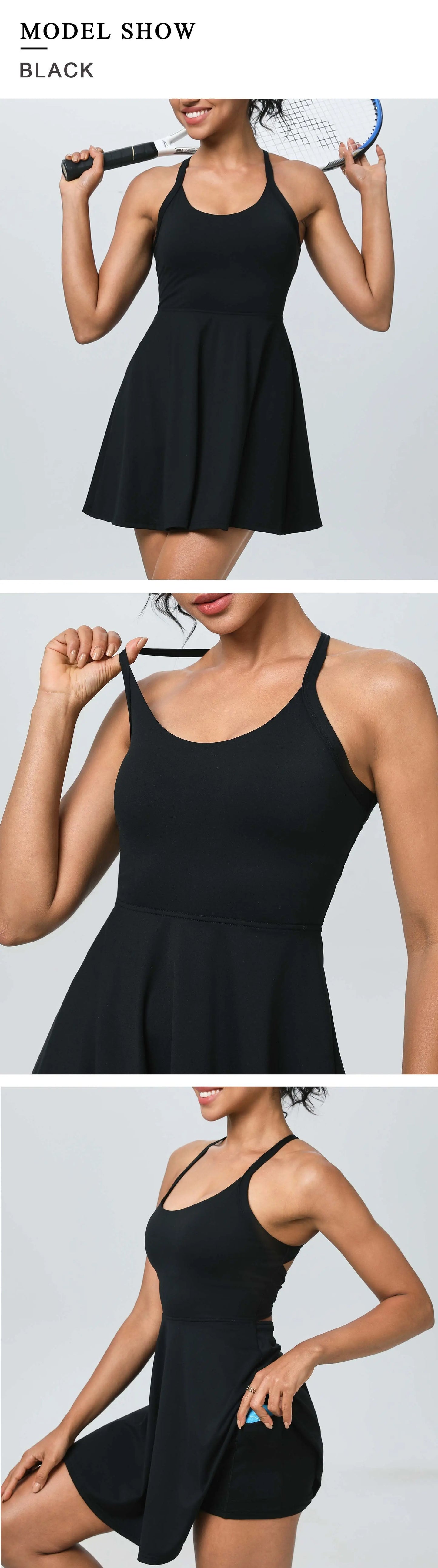 Summer Women Sexy Backless Tennis Dress Sleeveless A-lined Athletic Dress Built-in Bra & Shorts Ladies Elastic Workout Skirts