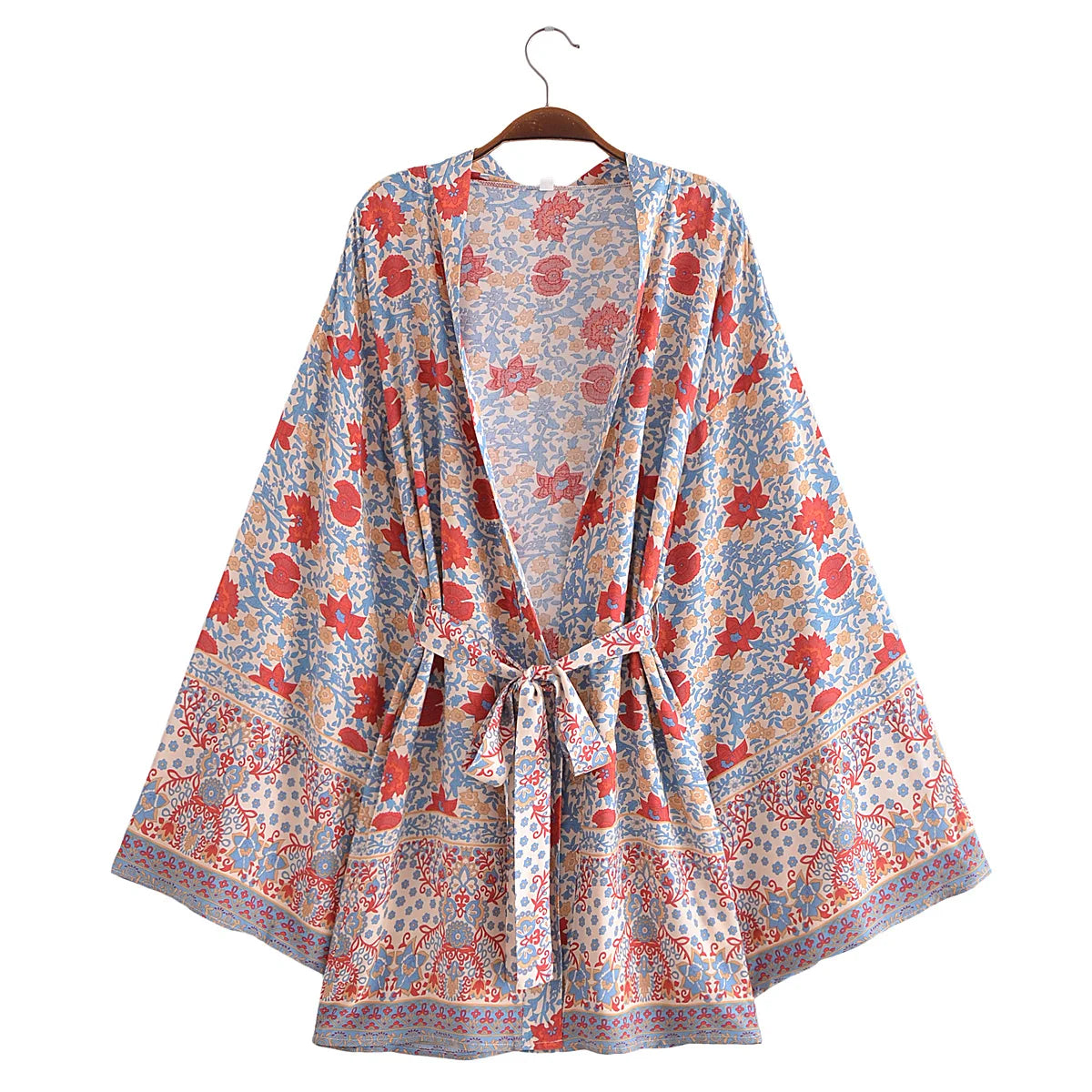 BOHO Women Blue With Pink Flower Print Kimono Shirt Holiday Tide Bow Sashes Mid Long Cardigan Summer Blouse Beach Cape