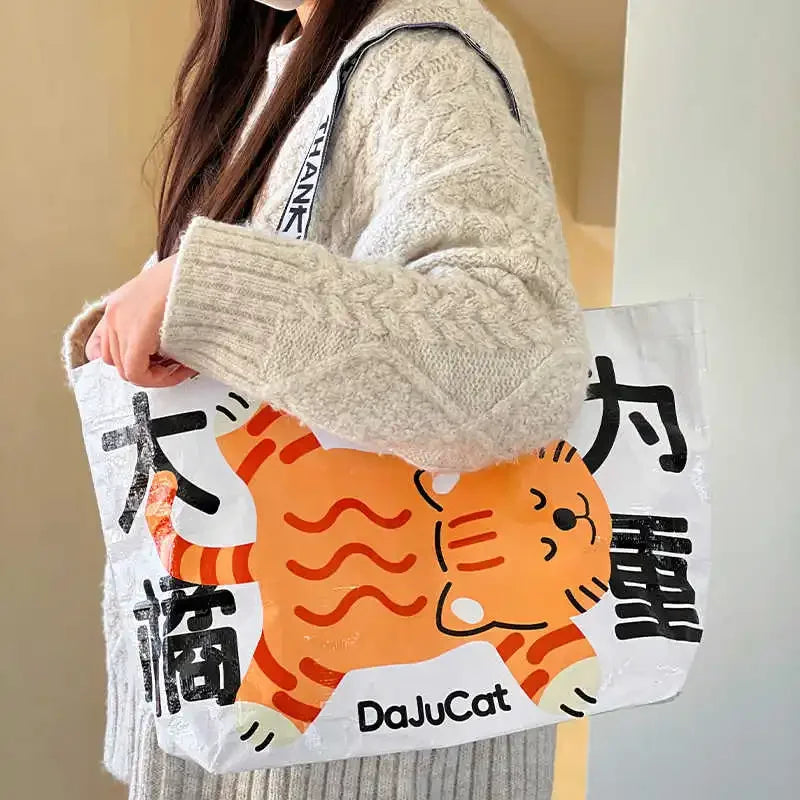Cute Cat Waterproof Woven Shopping Bag Cartoon Shoulder Bag Reusable Totes Portable Handbag Laundry Bag For Grocery Clothes