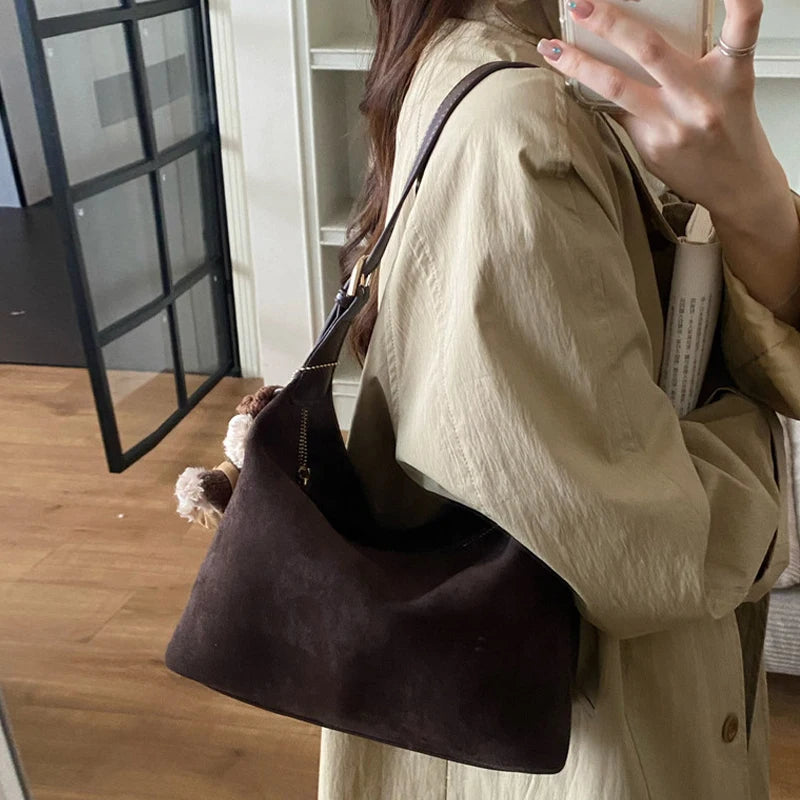 Women Handbag Vintage Tote Bag Simple Casual Commuter Bag Large Capacity Faux Suede Handbag