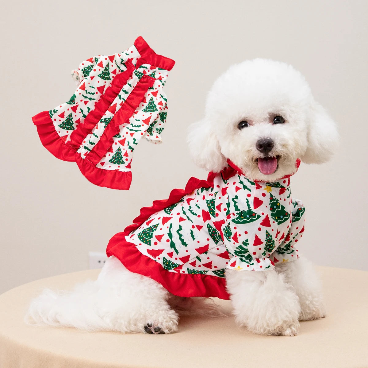 Pet Christmas Dress Xmas Tree Printed Ruffle Skirt Puppy Holiday Outfit Cute Pet Party Costume for Small Medium Dogs Cats Teddy