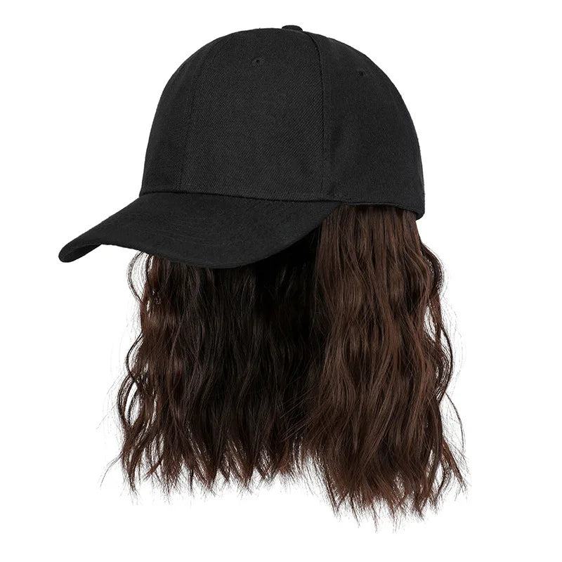 Hat Wig for Women, Short Wave Baseball Cap Wig with Curly Synthetic Hair Extensions, Adjustable Brown Black Baseball Hat Wig