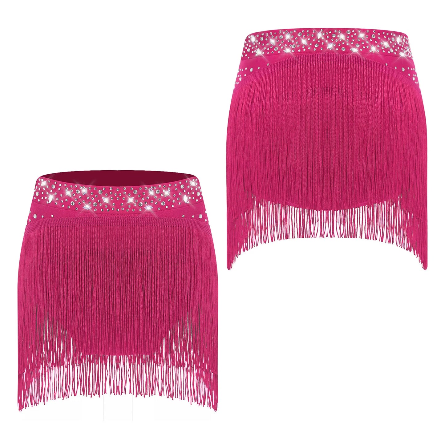 Girls Sparkly Sequins Latin Jazz Tango Dance Skirts Elastic Waistband Fringe Skirt with Safety Shorts Dance Performance Costumes