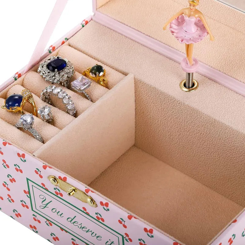 Cherry Musical Jewelry Box Pink Music Box w/ Mirror, Spinning Girl, Cute Jewelry Storage Case Desk Organizer for Girls Birthday