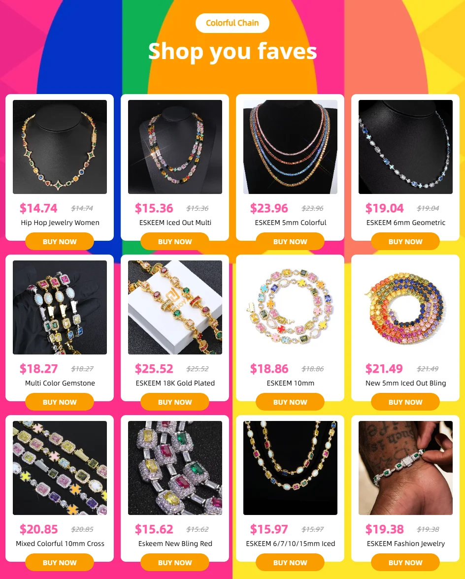 ESKEEM 6mm Geometric Gemstone Motif Iced Out Blue Chain Multicolor CZ Stones White Gold Plated Diamond Necklace Hip Hop Jewelry