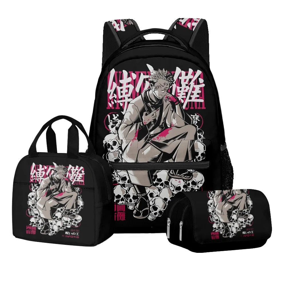 Anime Digital Print Jujutsu Kaisen School Set Large Capacity Backpack Lunch Bag 2-Layer Pencil Case 3-Piece Boy's Gift