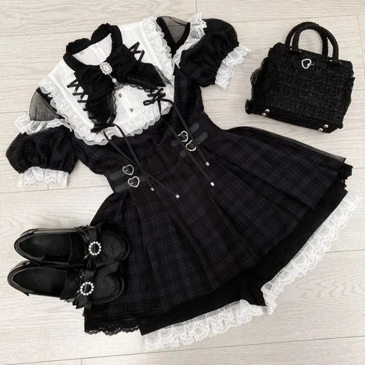 Summer Gothic Lolita Sweet Lace Mini Dress Set Long Sleeved Bow Y2k Aesthetic Fashion Dress Slim Japanese Kawaii Suit Chic