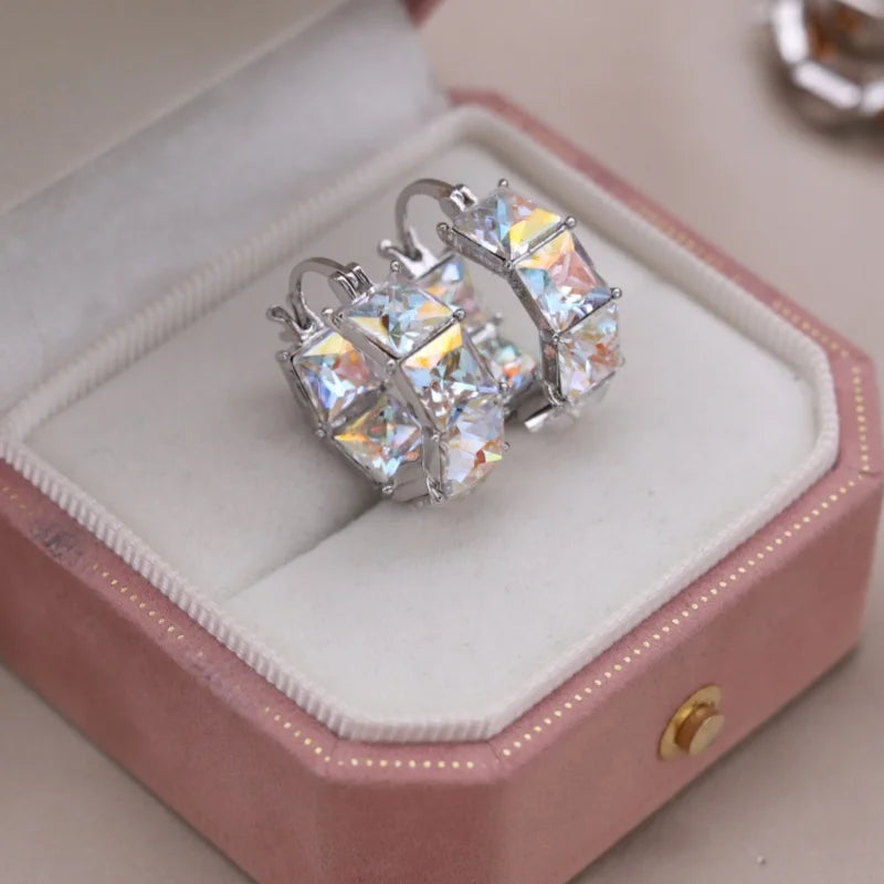 2025 Korean new design fashion jewelry luxury square blue crystal hoop earrings elegant women's daily work accessories