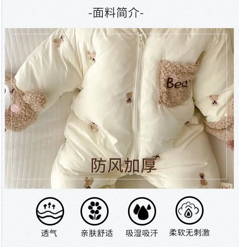 New Winter Thick Keep Warm Boys Girls Rompers Lined With Velvet Cartoon Bear Pattern Hooded Bodysuits For 1-2 Years Old Kids