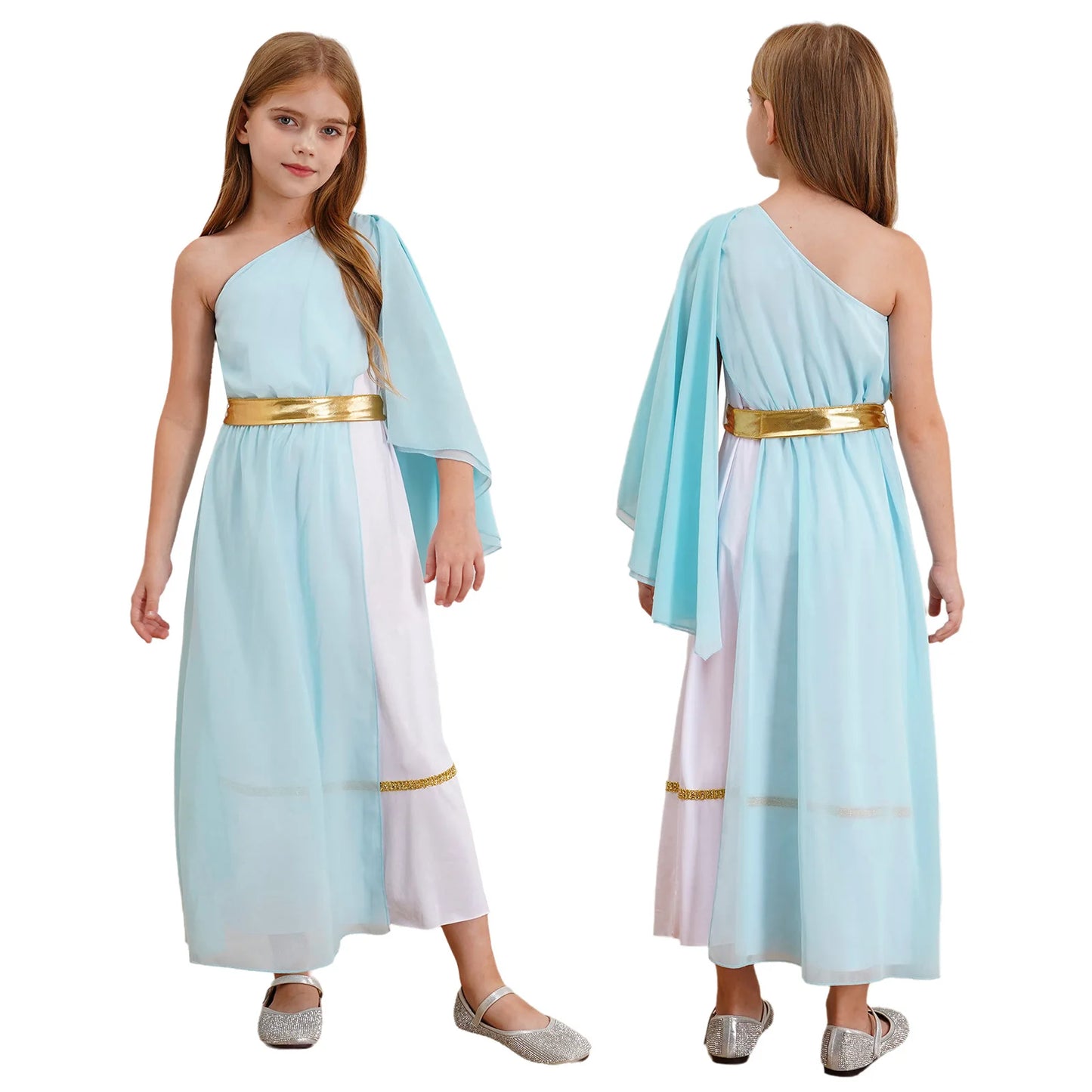 Halloween Virgin Mary Costume for Kids Girls Fancy Greek Princess Cosplay Long Sleeve Ruffle Dress with Chiffon Cape Theme Party