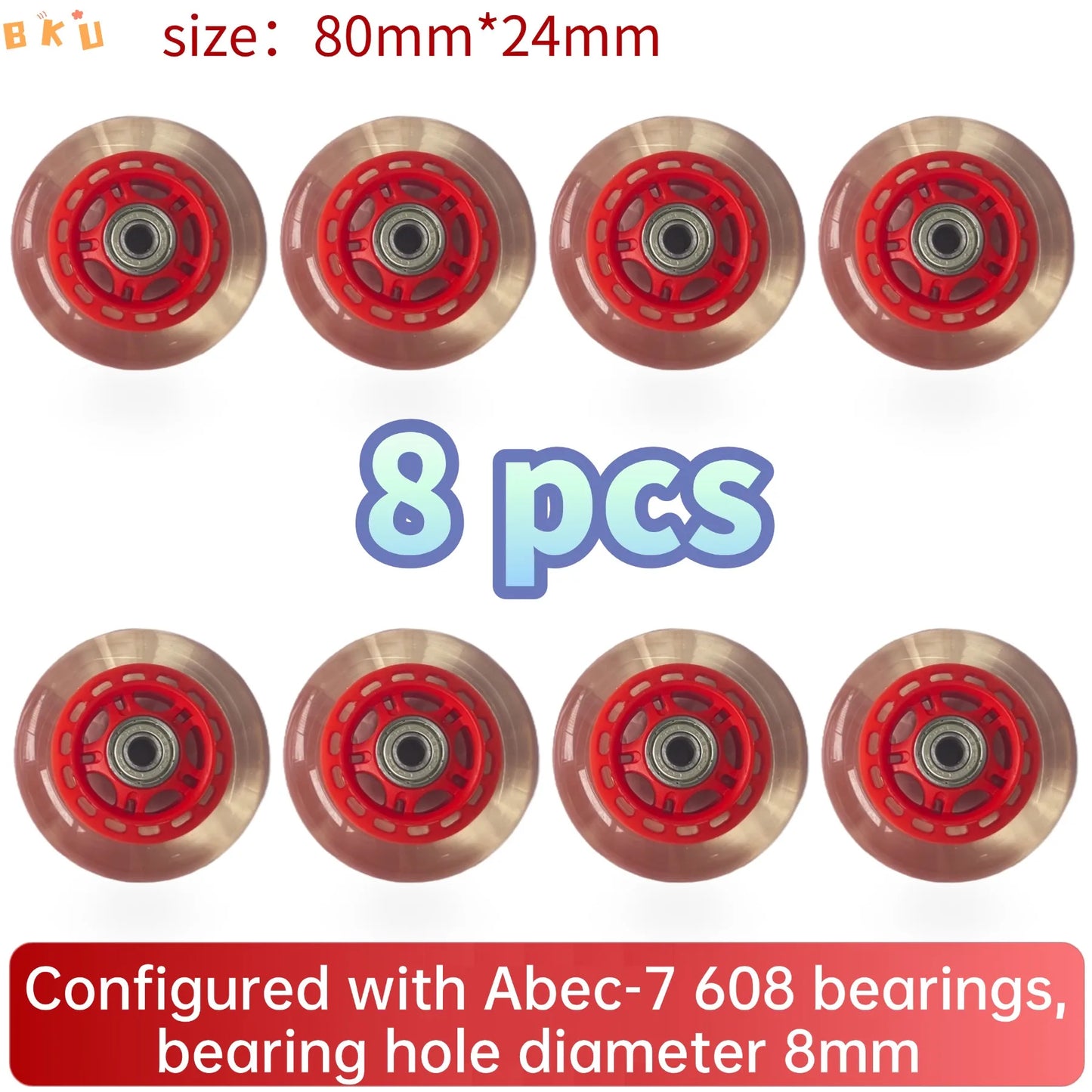 BKU 80mm PU Durable Replacement Wheels (8PCS) - Compatible with Inline Skates Scooters Strollers Suitcases