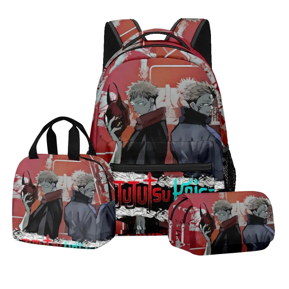 Anime Digital Print Jujutsu Kaisen School Set Large Capacity Backpack Lunch Bag 2-Layer Pencil Case 3-Piece Boy's Gift