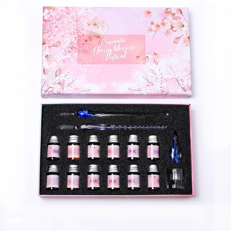 2022 Sakura Glass Dip Pen Set 2Pcs Crystal Glass Pens with 12 Gold Powder Inks for Signatures Drawing Caligraphy Kit Gifts