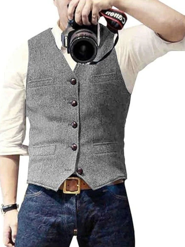 Men's Suit Vest Military Green Single Breasted Blended  Men Vest Denim Jeans Waistcoat Jacket Slim Fit Casual Formal Business