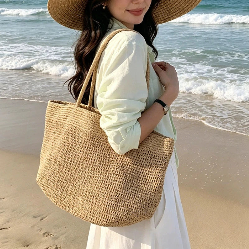 2026 Large Handwoven Rattan Tote Bag for Women Natural Straw Beach Bag Purse Luxury Shoulder Bags Handbag Summer