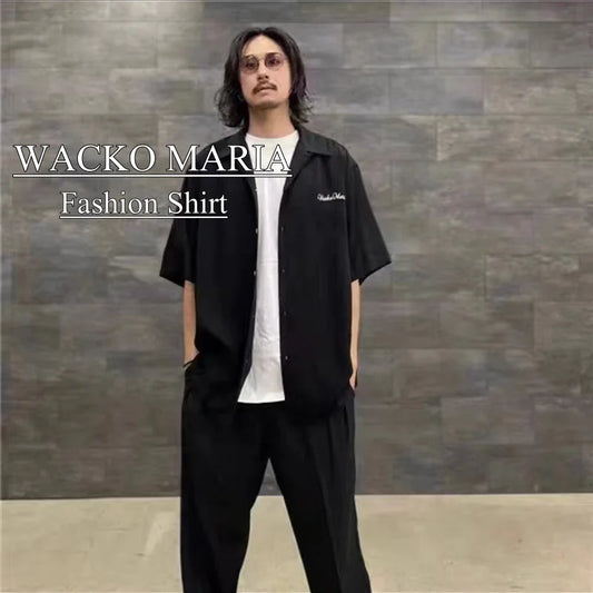 High-end Summer WACKO MARIA Solid Color Cursive wackomaria Embroidery Logo Simple Hawaii Short Sleeve Shirt