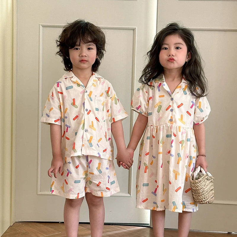 2025 New Vacation Style Cotton Kids' Summer Clothing Set Girls Sundress for 80 - 150cm Boys and Girls Sibling Outfits
