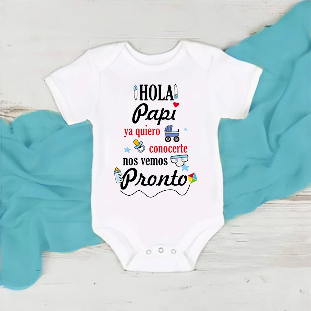 Hello Daddy I Want To Meet You See You Soon Print Baby Bodysuit Pregnancy Announcement Infant Outfit Newborn Short Sleeve Romper