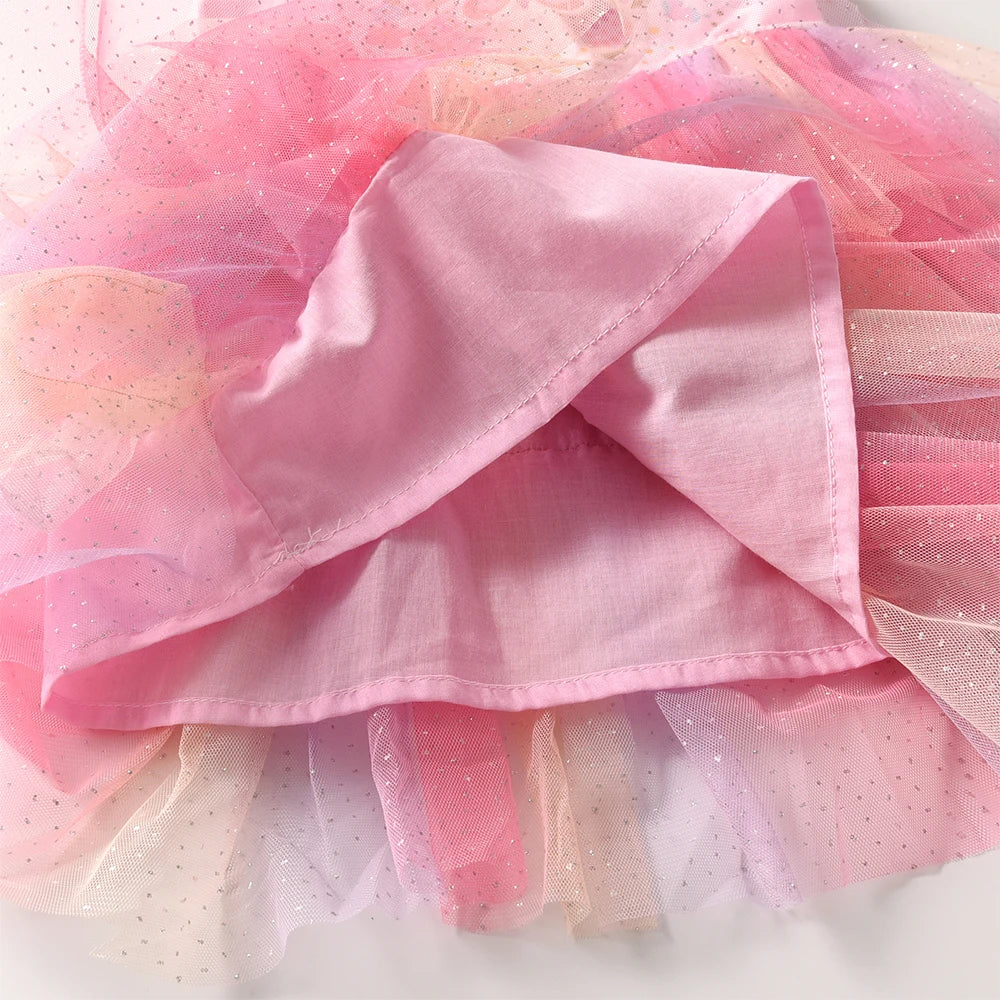 DXTON Girls Princess Dress Ruffles Sleeveless Butterfly Kids Vacation Dress Gradient Mesh Layered Cake Children Birthday Clothes