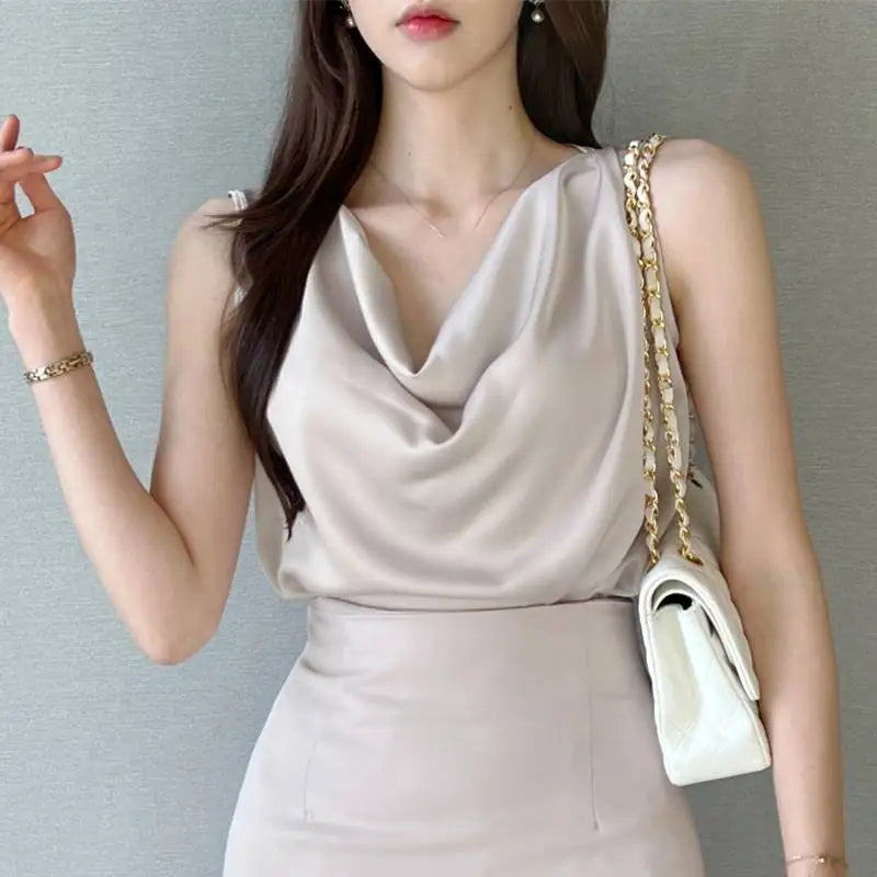 ZANZEA 2025 Elegant Korean Tanks Women Satin Silk Solid Color Sleeveless Tank Tops Fashion Sexy Office Lady Cowl Neck Camisole