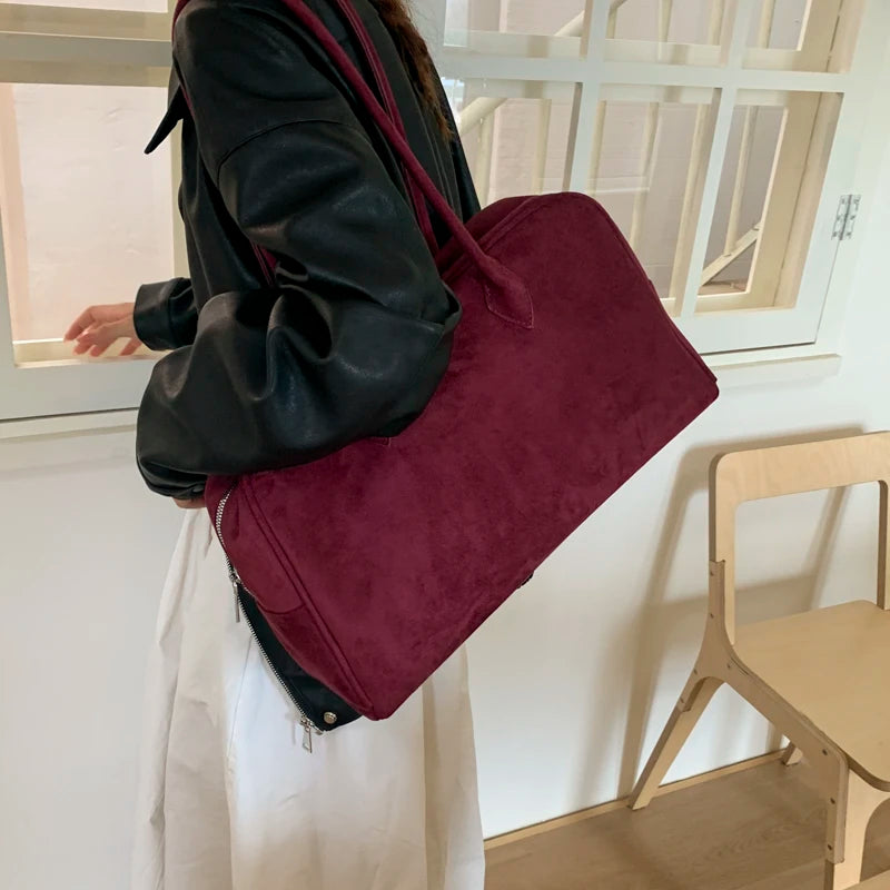 Vintage Women Business Shoulder Bags Simple Ladies Commute Tote Bag Suede Leather Female Underarm Bag Burgundy Large Handbags