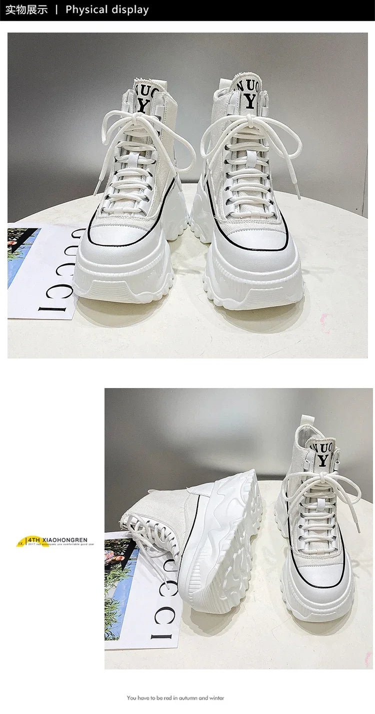 Women Sneakers High Top Platform Breathable Leather Shoes 2023 Autumn Ladies Wedges Casual Shoes For Woman Sports Dad Shoes 8CM