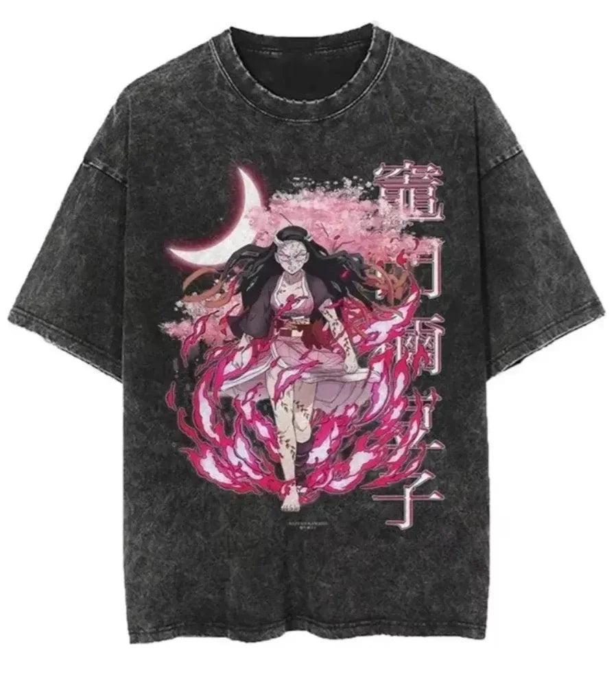 Hot Anime Demon Slayer Kokushibo Graphic T-Shirt Men Women Manga Tshirts Washed Cotton T Shirt Harajuku Unisex Vintage Top Tees