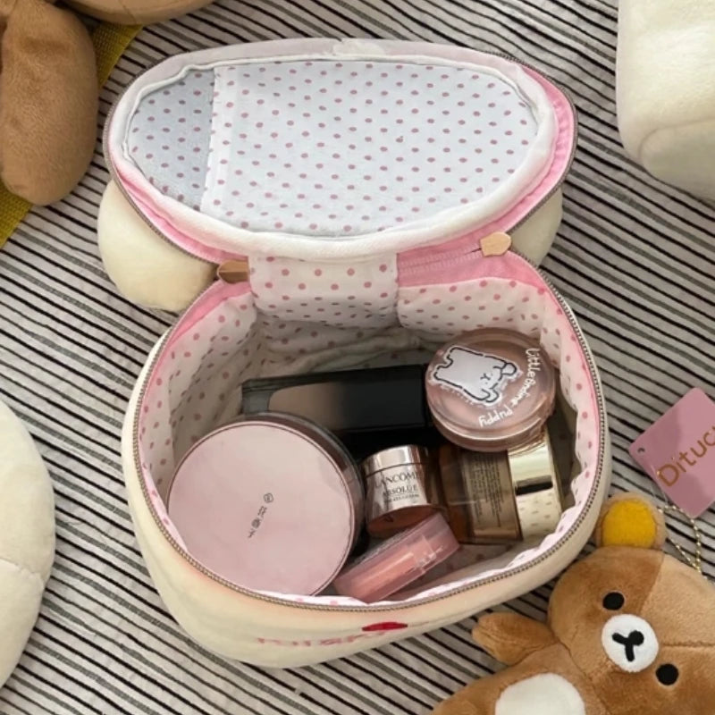 Cute cartoon Rilakkuma bear girl anime peripheral oval makeup bag for traveling portable storage toiletries bag work meal bag