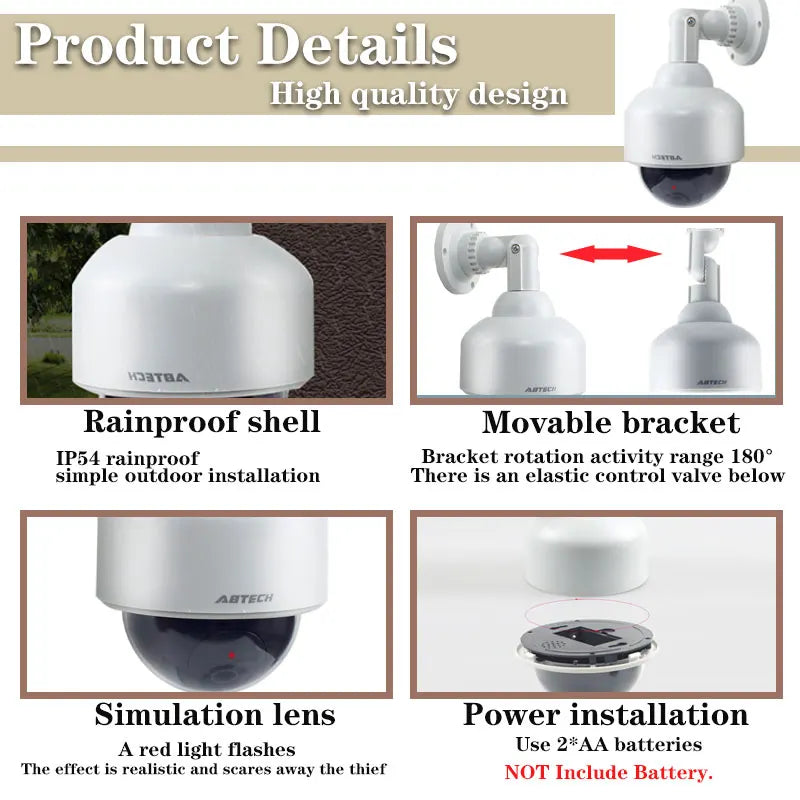 Fake Dummy Camera Outdoor IP54 Rainproof Security Surveillance Flash Dome Camera with CCTV Warning Sticker Easy to Install