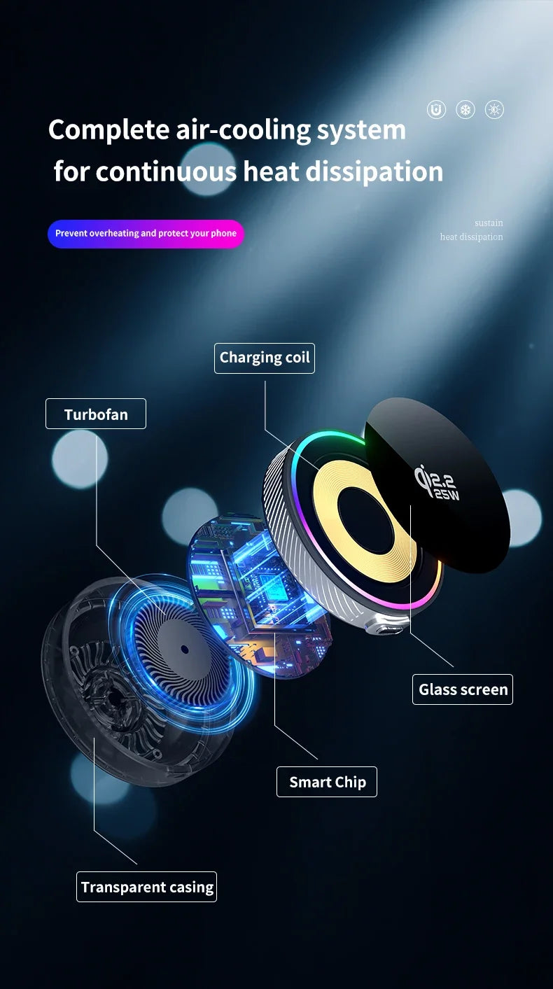 25W Air Cooling qi2.2 Car Magnetic Wireless Charger RGB Light  Phone Holder For Magsafe iPhone 17 16 15 14 13 12 Fast Charging