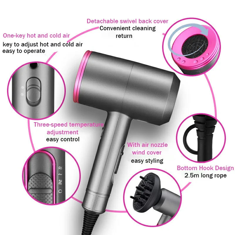 Professional Hair Dryer Strong Wind Hot Air Cold Air Ion Salon HairDryer 2000w Brush Negative Ion Blow Dryer with Diffuser