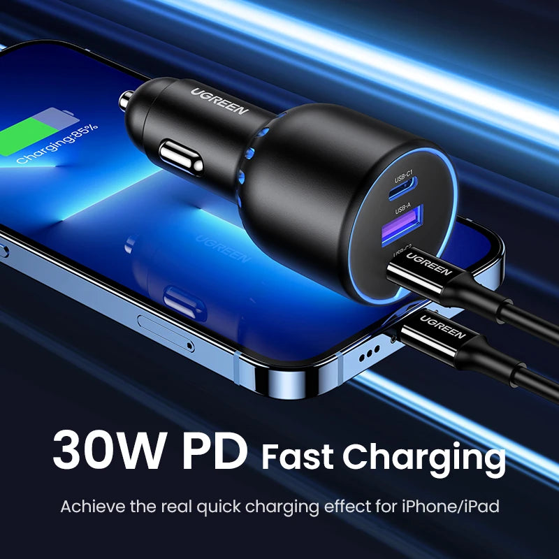 UGREEN 130W Car Charger Quick Charging PD3.0 Fast USB Type C Car Phone Charge For iPhone 14 13 Pro Max Laptops Tabet