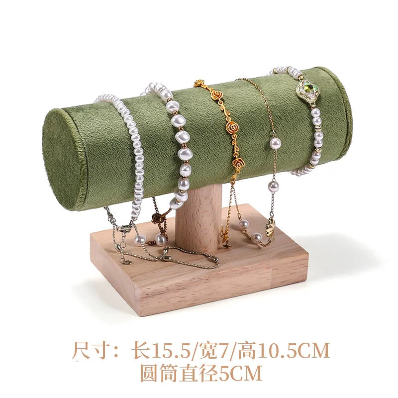 Solid wood green velvet jewelry display stand ring stud necklace pendant bracelet storage and display stand